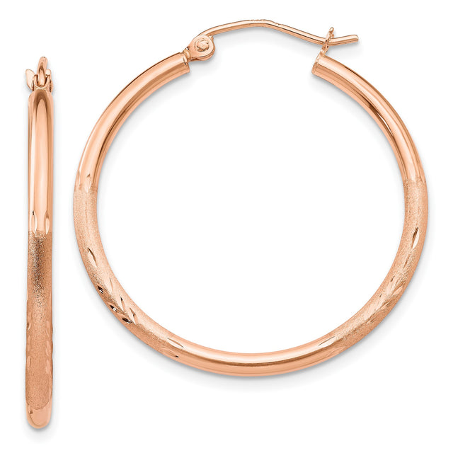 14k Rose Gold Hoop Earrings, Lightweight Polished and Textured with Diamond Cut Detail