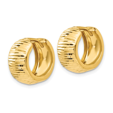14k Yellow Gold Huggie Hoop Earrings, Diamond Cut Textured with Polished Finish