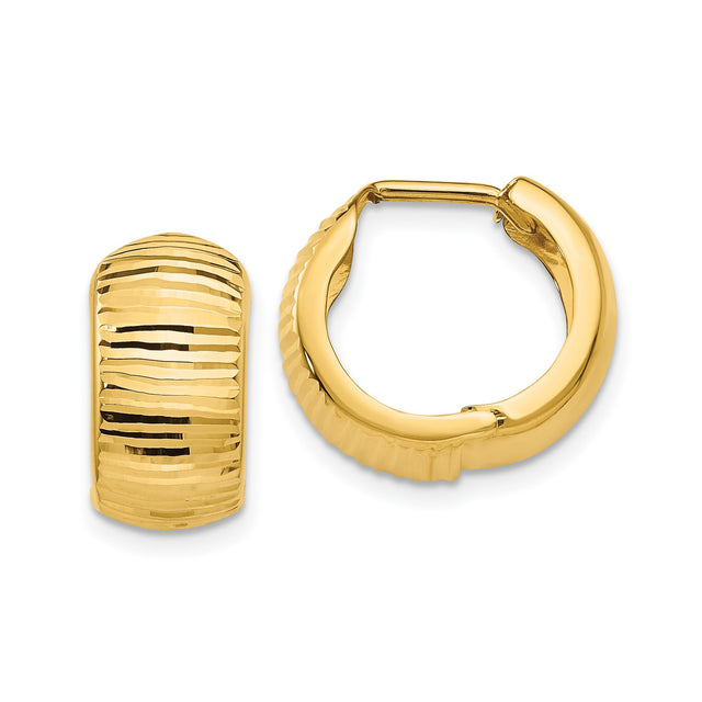 14k Yellow Gold Huggie Hoop Earrings, Diamond Cut Textured with Polished Finish