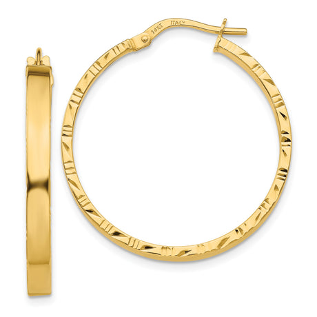 14k Yellow Gold Hoop Earrings, Textured Diamond Cut, Polished Finish, Lightweight Italian Design