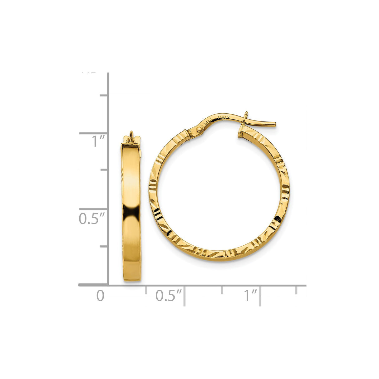 14k Yellow Gold Hoop Earrings, Diamond Cut Textured Classic Hoops with Polished Finish