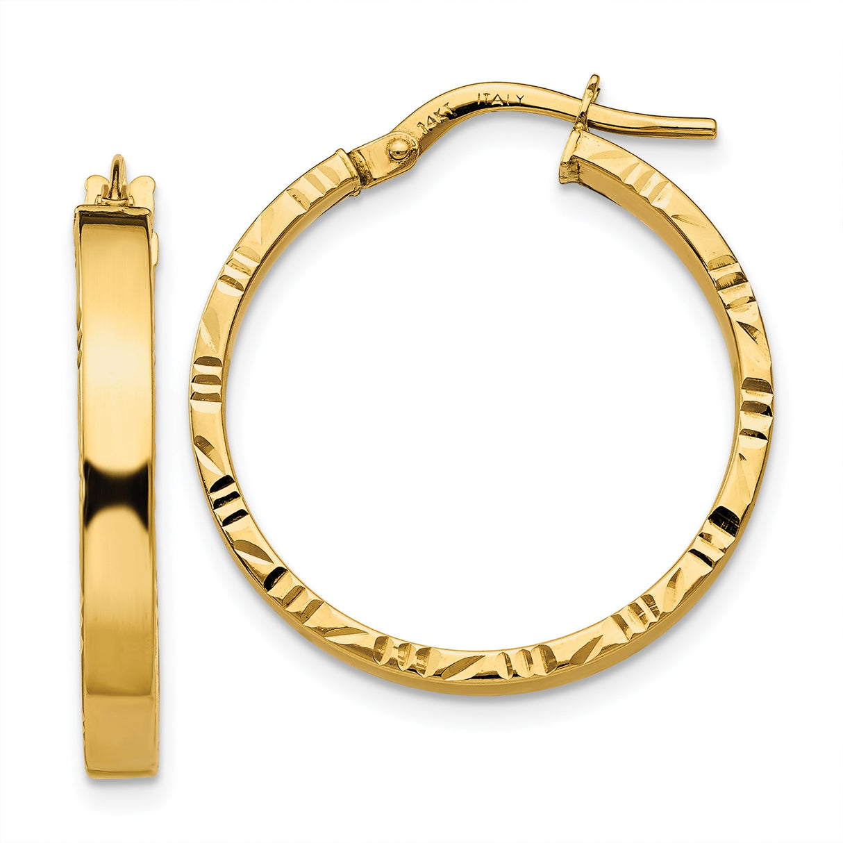 14k Yellow Gold Hoop Earrings, Diamond Cut Textured Classic Hoops with Polished Finish