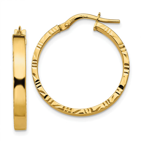 14k Yellow Gold Hoop Earrings, Diamond Cut Textured Classic Hoops with Polished Finish