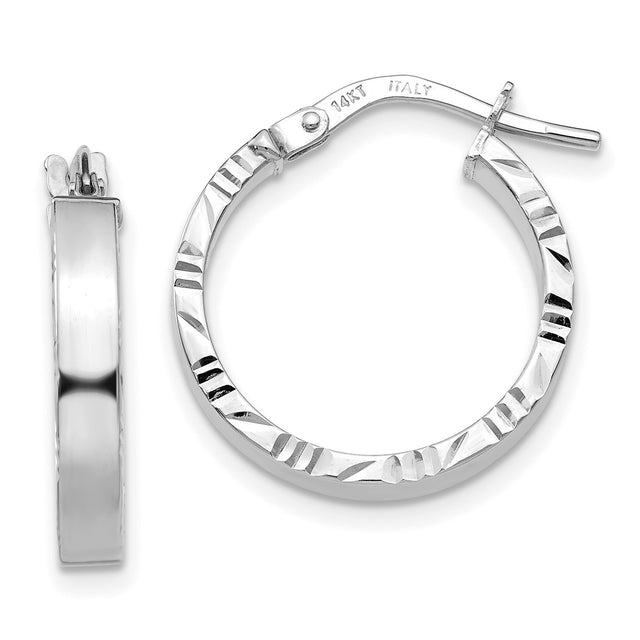 14k White Gold Hoop Earrings with Diamond Cut Detailing and Polished Finish for Women