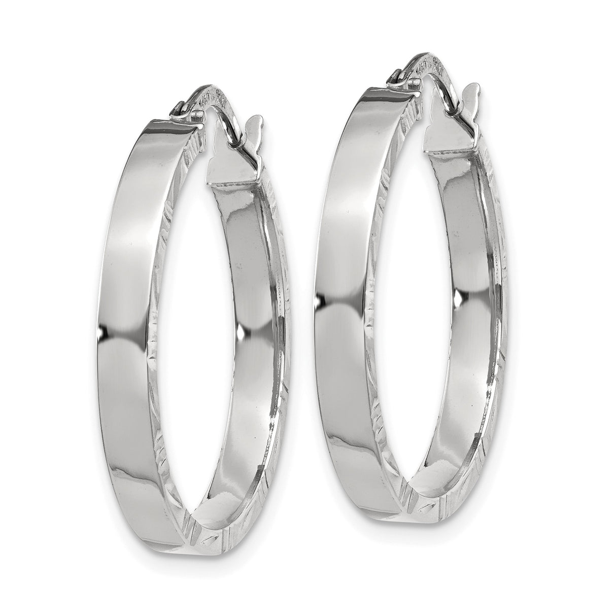 14k White Gold Hoop Earrings, Textured Diamond Cut with Polished Finish for Women