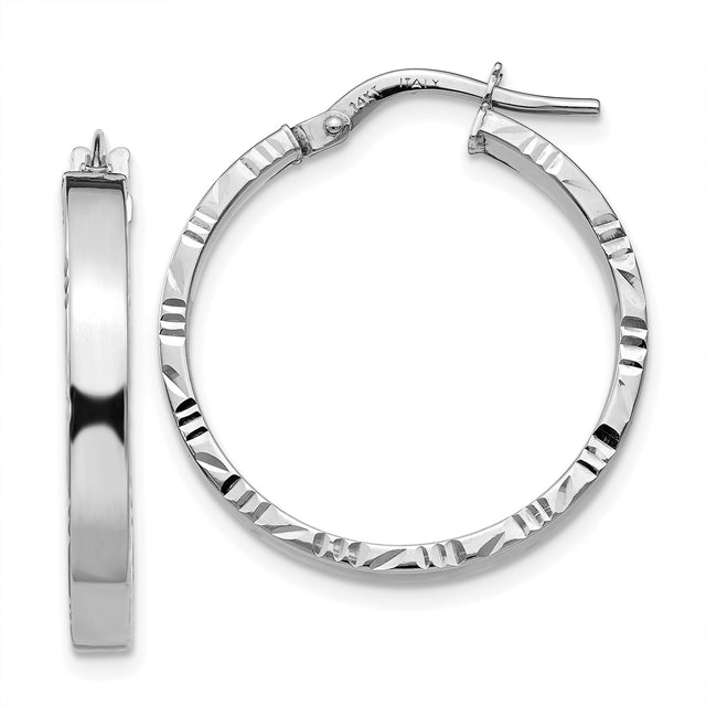 14k White Gold Hoop Earrings, Textured Diamond Cut with Polished Finish for Women