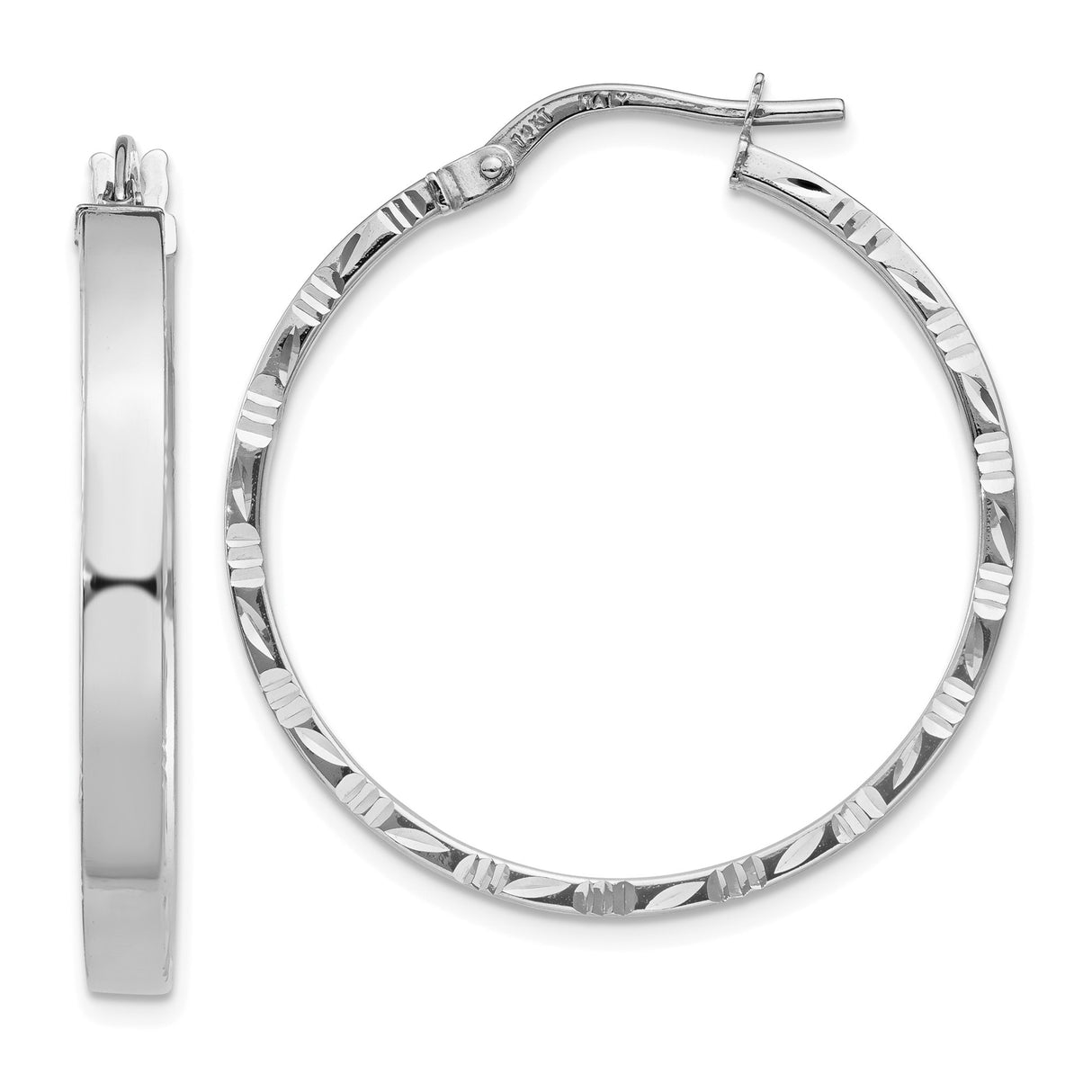 14k White Gold Hoop Earrings, Diamond Cut Textured Design with Polished Finish