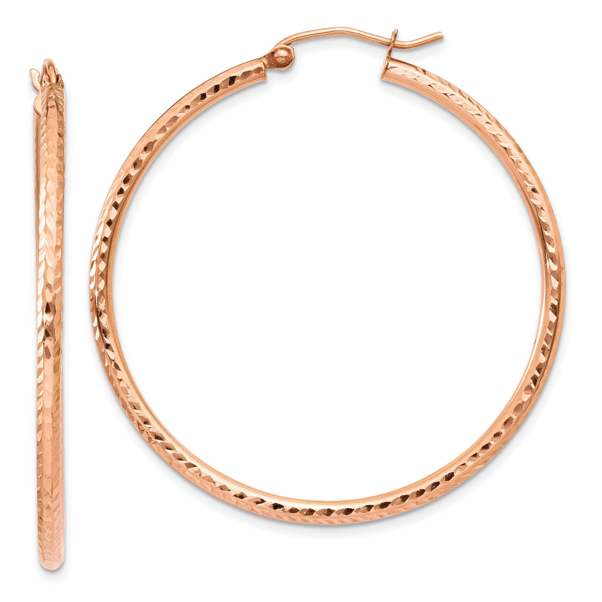 14k Rose Gold Hoop Earrings, Diamond Cut Textured Lightweight Polished Design