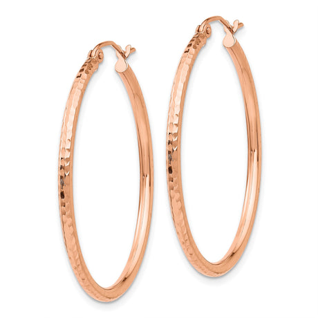 14k Rose Gold Hoop Earrings with Hammered Texture, Lightweight Polished Design for Women