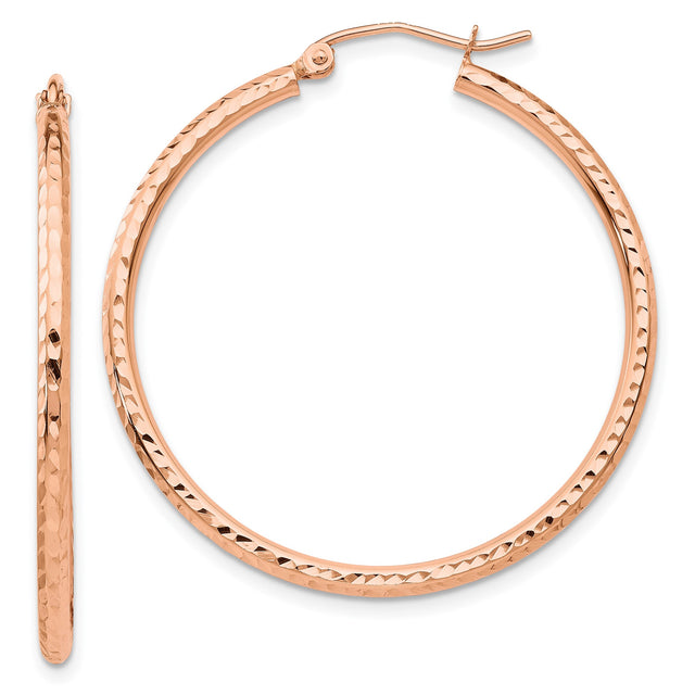 14k Rose Gold Hoop Earrings with Hammered Texture, Lightweight Polished Design for Women
