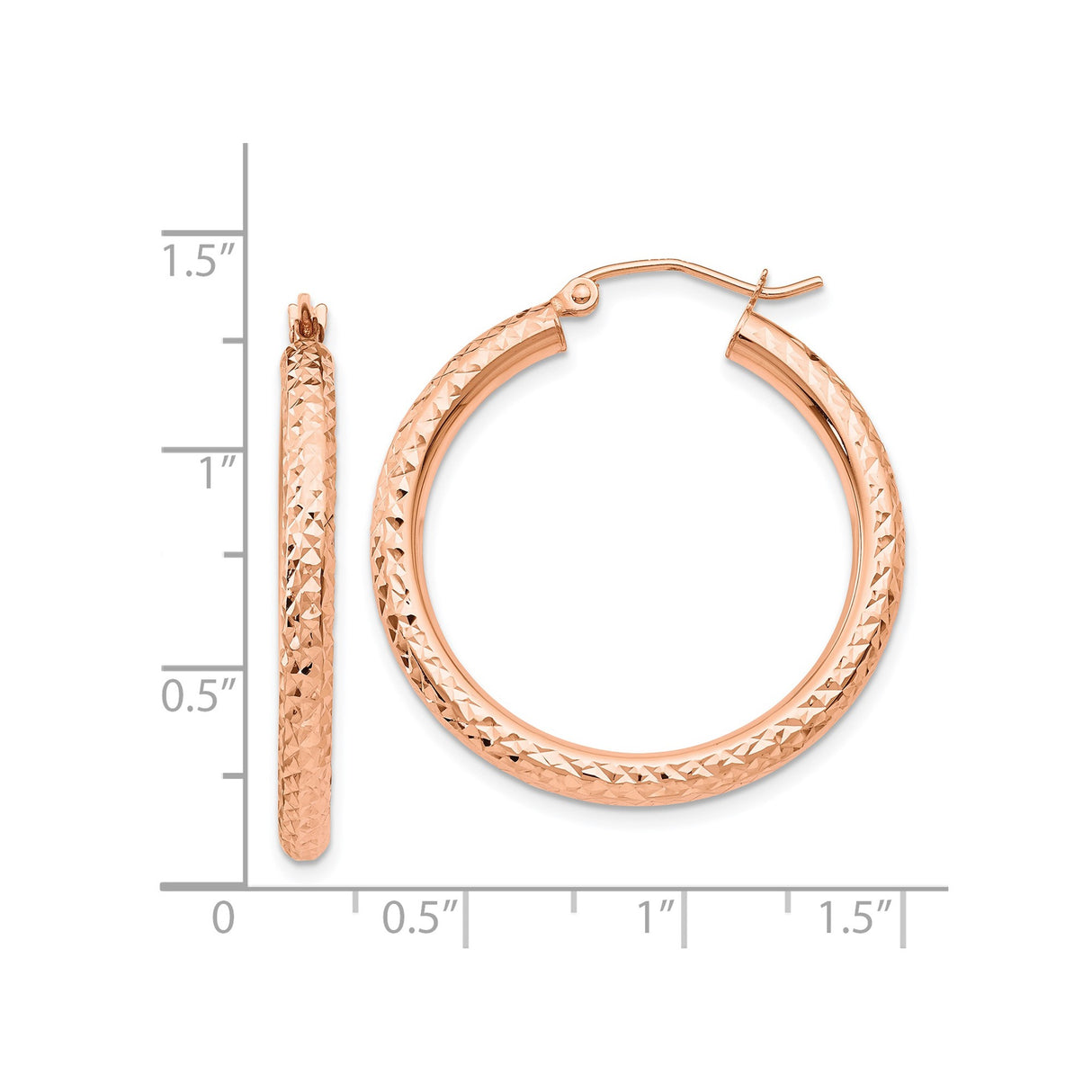 14k Rose Gold Hoop Earrings, Diamond Cut Textured Finish, Classic Round Lightweight Design