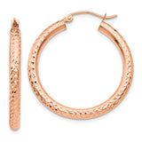 14k Rose Gold Hoop Earrings, Diamond Cut Textured Finish, Classic Round Lightweight Design