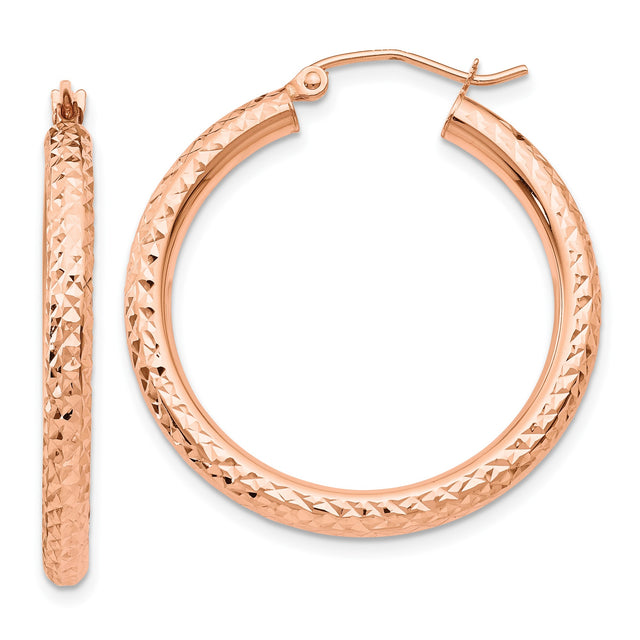 14k Rose Gold Hoop Earrings, Diamond Cut Textured Finish, Classic Round Lightweight Design