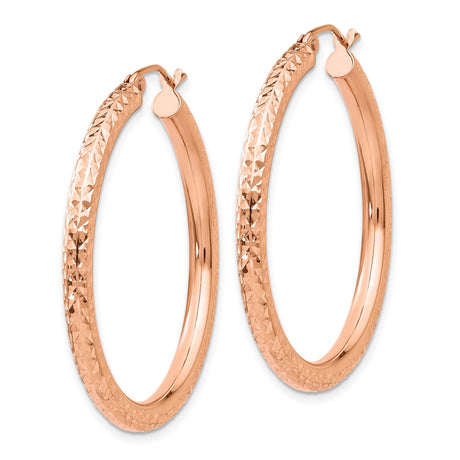 14k Rose Gold Hoop Earrings, Textured Diamond Cut, Lightweight Round Design for Women