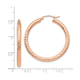 14k Rose Gold Hoop Earrings, Textured Diamond Cut, Lightweight Round Design for Women