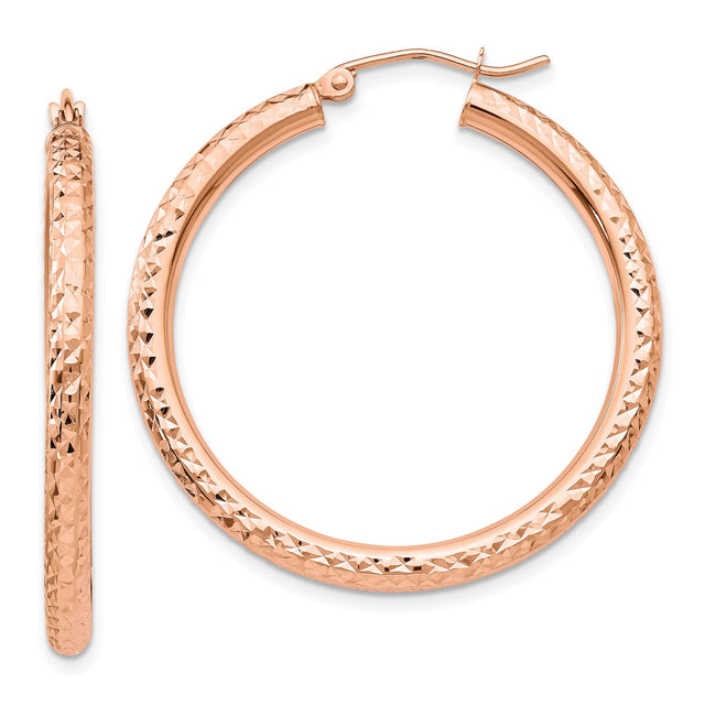 14k Rose Gold Hoop Earrings, Textured Diamond Cut, Lightweight Round Design for Women