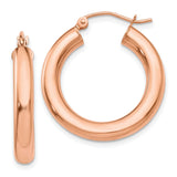 14k Rose Gold Hoop Earrings, Classic Round Polished Tube Design, Lightweight Minimalist Style