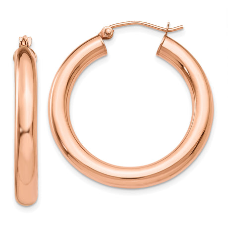 14k Rose Gold Hoop Earrings, Classic Round Polished Lightweight Tube Hoops for Women