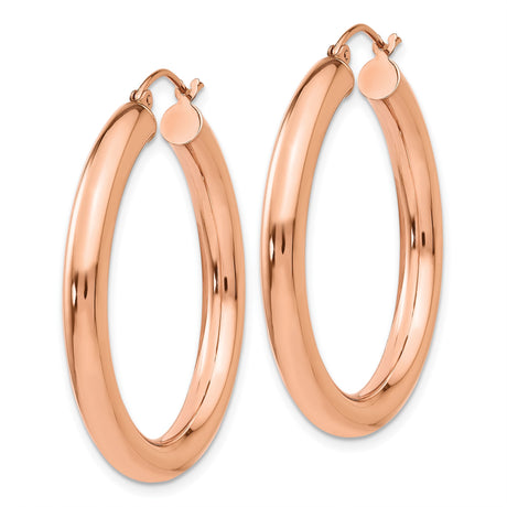 14k Rose Gold Hoop Earrings, Classic Round Tube Design with Hinged Back, Lightweight and Polished Finish