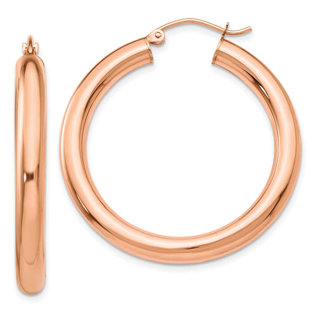 14k Rose Gold Hoop Earrings, Classic Round Tube Design with Hinged Back, Lightweight and Polished Finish
