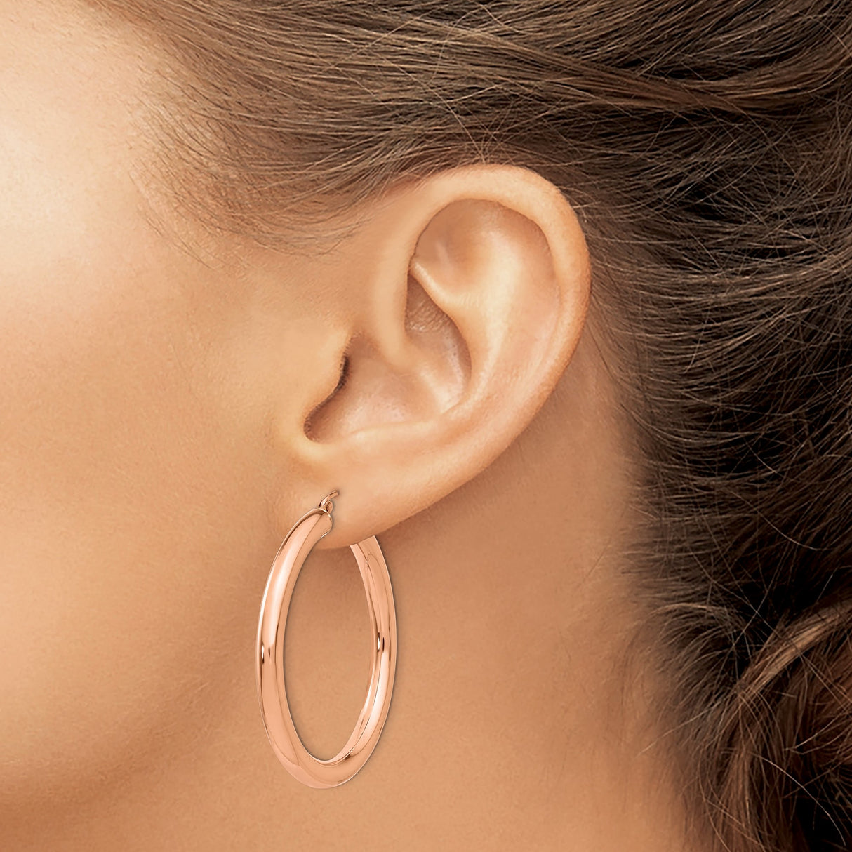 14k Rose Gold Hoop Earrings, Classic Round Tube Design with Polished Finish for Women