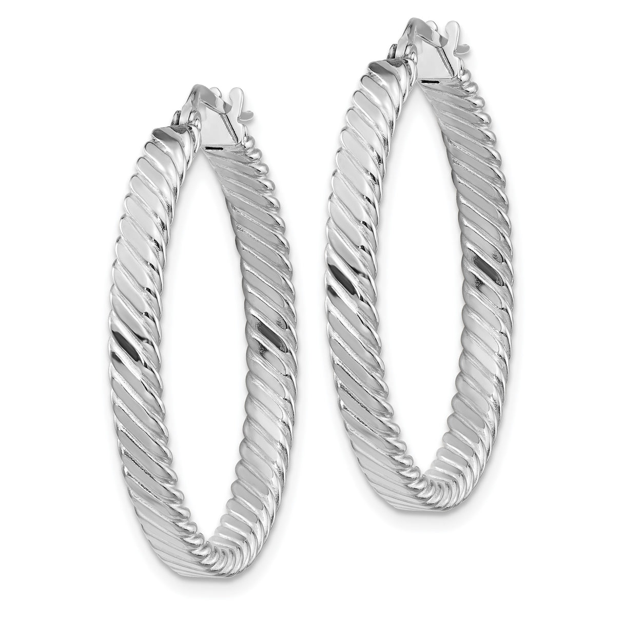 14k White Gold Twisted Hoop Earrings with Polished Rope Design and Latch Back Closure