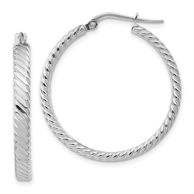 14k White Gold Twisted Hoop Earrings with Polished Rope Design and Latch Back Closure