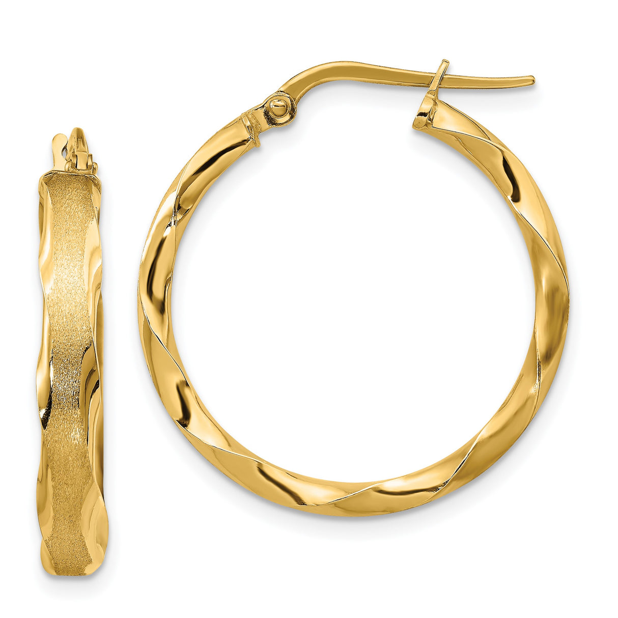 14k Yellow Gold Twisted Hoop Earrings, Polished and Textured Finish, Lightweight Classic Design