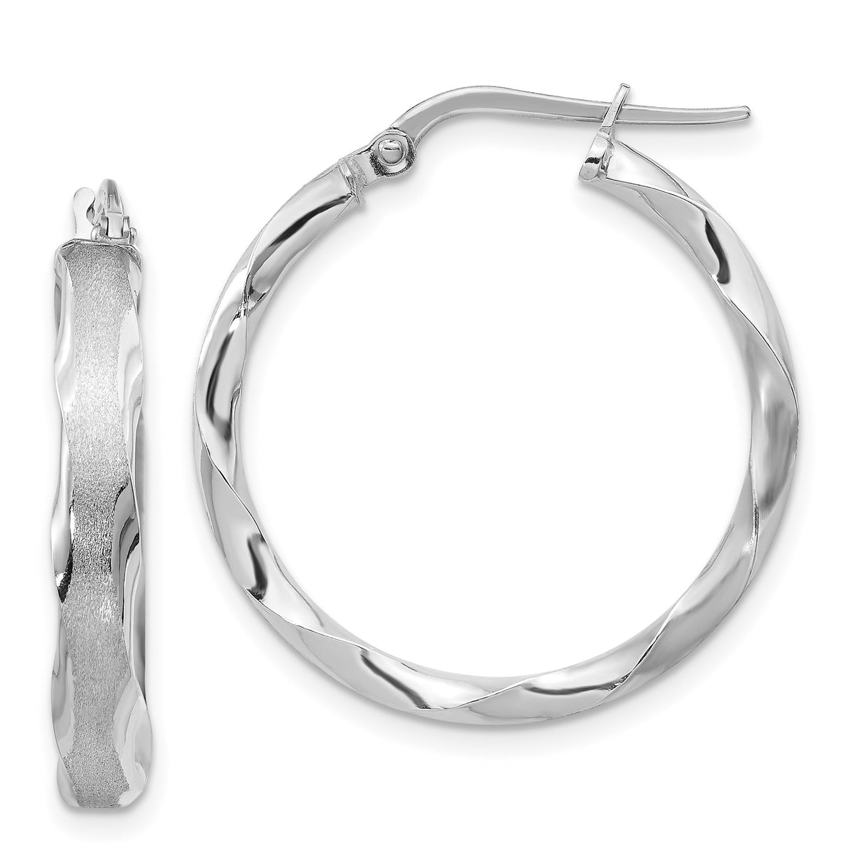 14k White Gold Twisted Hoop Earrings with Satin Polished Finish, Minimalist Modern Style