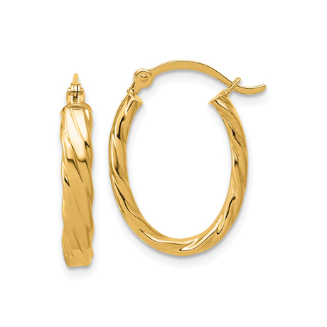 14k Yellow Gold Twisted Oval Hoop Earrings with Polished Finish and Hinged Closure
