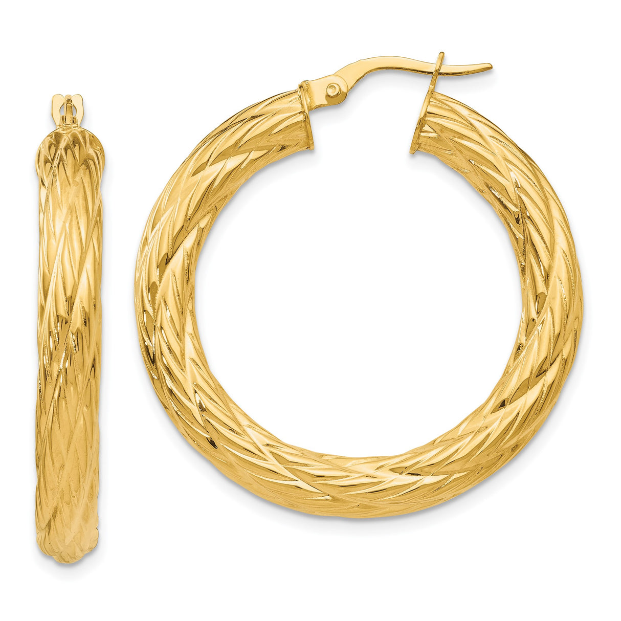 14k Yellow Gold Hoop Earrings, Twisted Diamond Cut Design with Textured Sparkle Finish