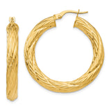14k Yellow Gold Hoop Earrings, Twisted Diamond Cut Design with Textured Sparkle Finish