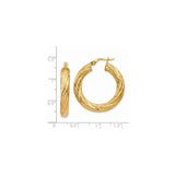 14k Yellow Gold Hoop Earrings, Twisted Diamond-Cut Texture, Lightweight Tube Design