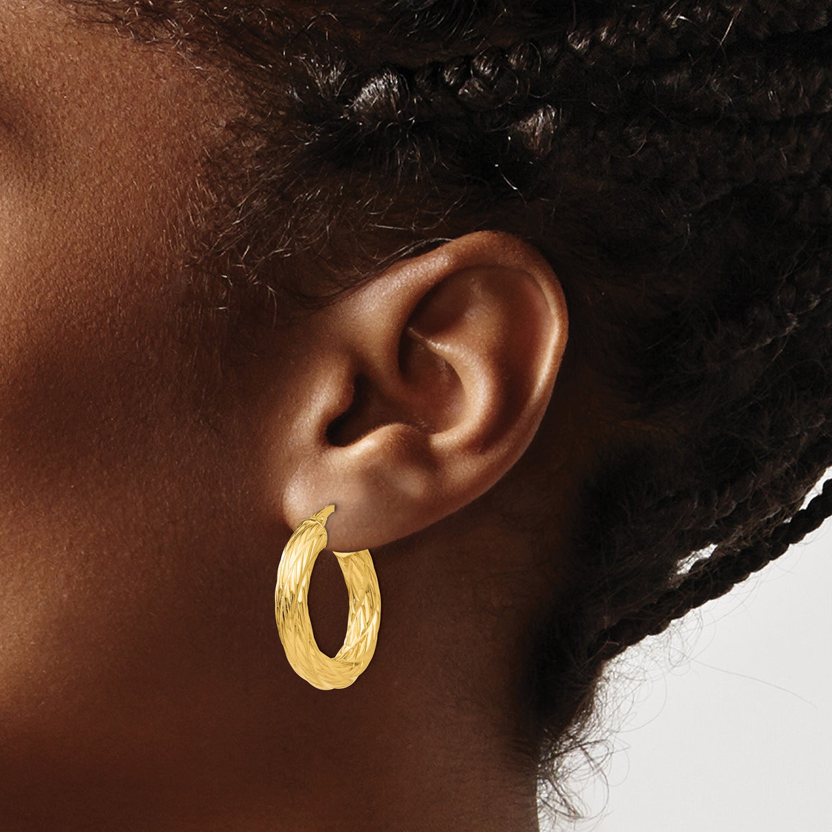 14k Yellow Gold Hoop Earrings, Twisted Diamond Cut Textured Tube Style, Medium Size