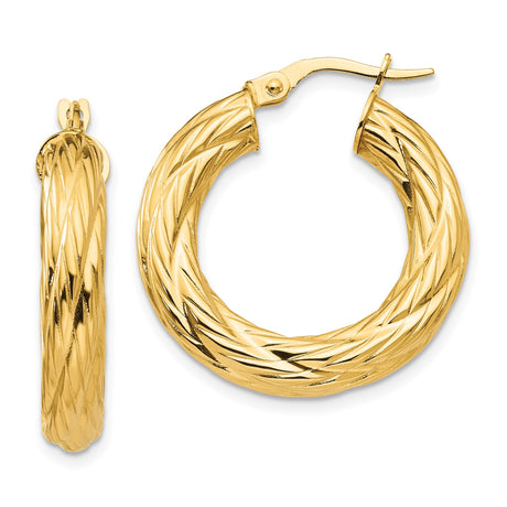 14k Yellow Gold Hoop Earrings, Twisted Diamond Cut Textured Tube Style, Medium Size
