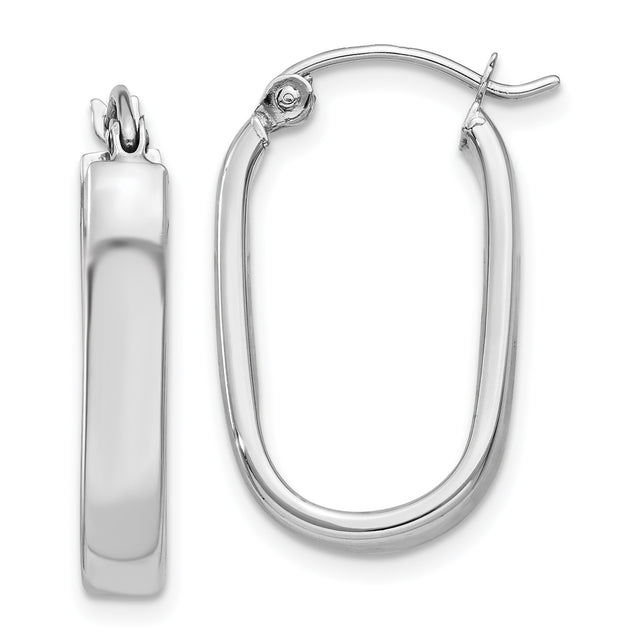 14k White Gold Oval Hoop Earrings, High Polish Finish, Sleek Minimalist Design for Women