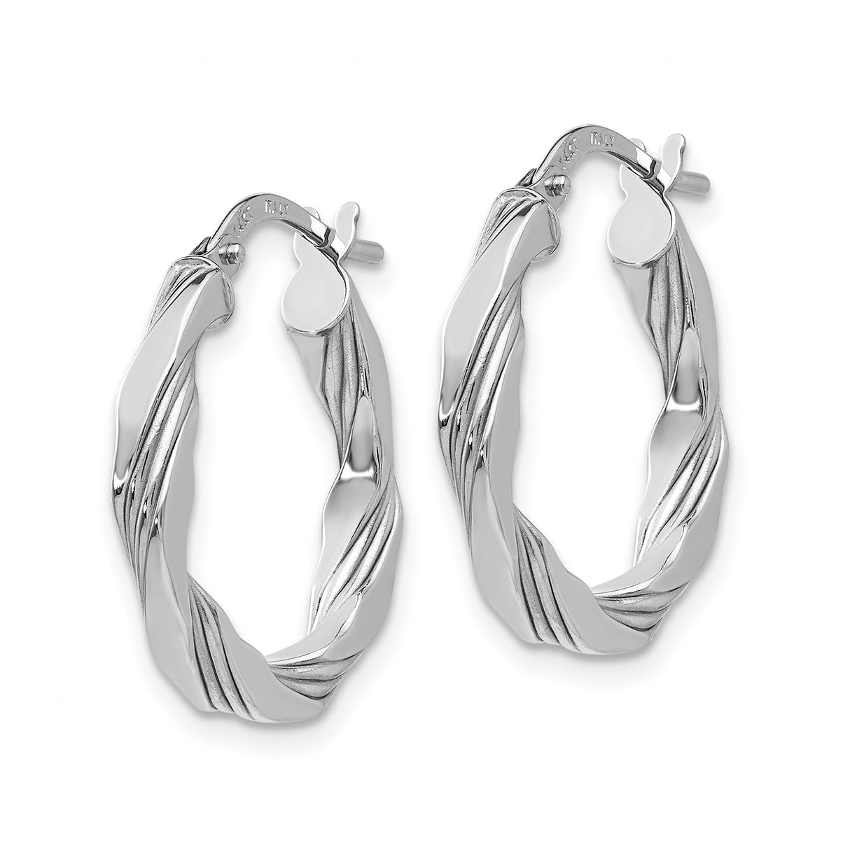 14k White Gold Twisted Hoop Earrings with Polished and Textured Finish, Lightweight Modern Design