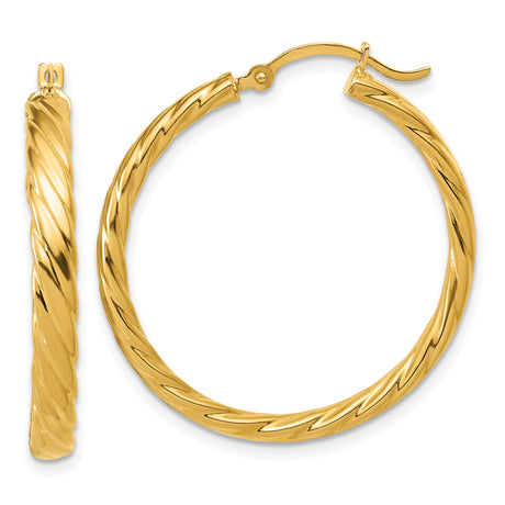 14k Yellow Gold Hoop Earrings, Twisted Rope Design with High Polish Finish