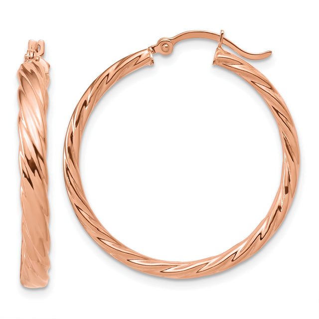 14k Rose Gold Twisted Hoop Earrings with High Polish Finish, Lightweight Rope Design