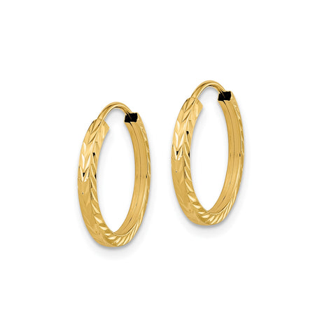 14k Yellow Gold Hoop Earrings with Polished Finish and Diagonal Texture, Lightweight Classic Style