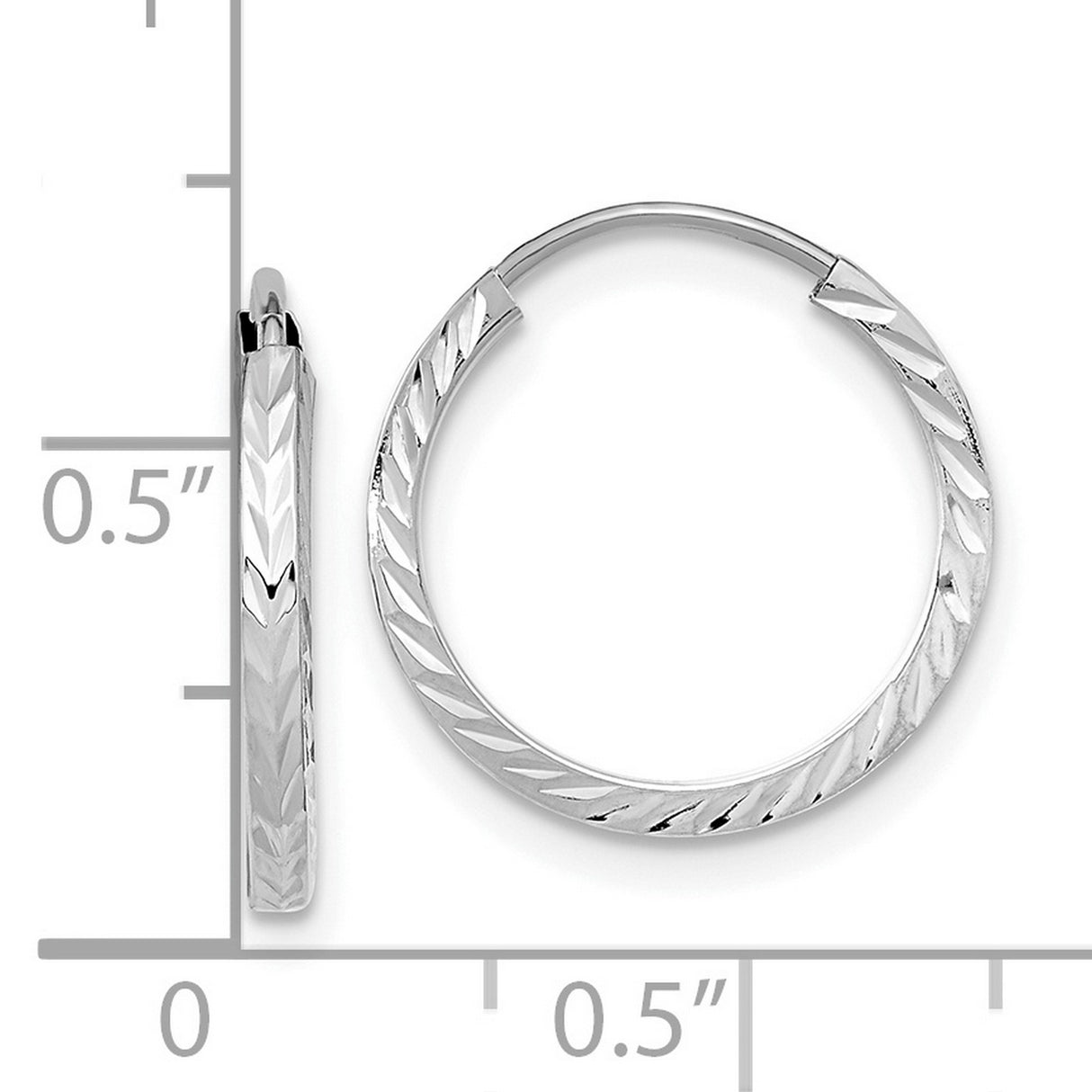 14k White Gold Hoop Earrings with Diamond Cut Leaf Pattern and Polished Finish