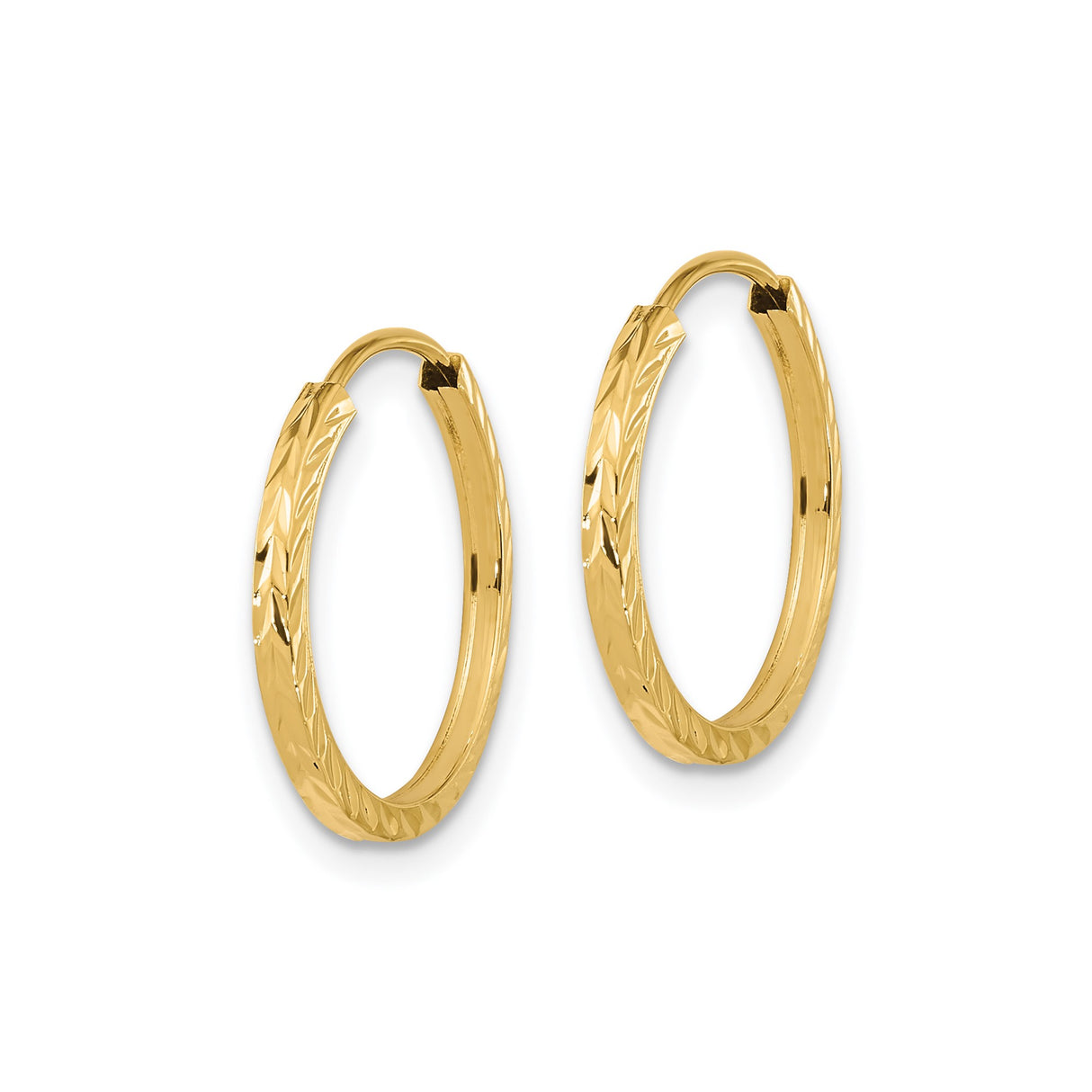 14k Yellow Gold Hoop Earrings, Classic Round Design with Polished Diamond Cut Texture