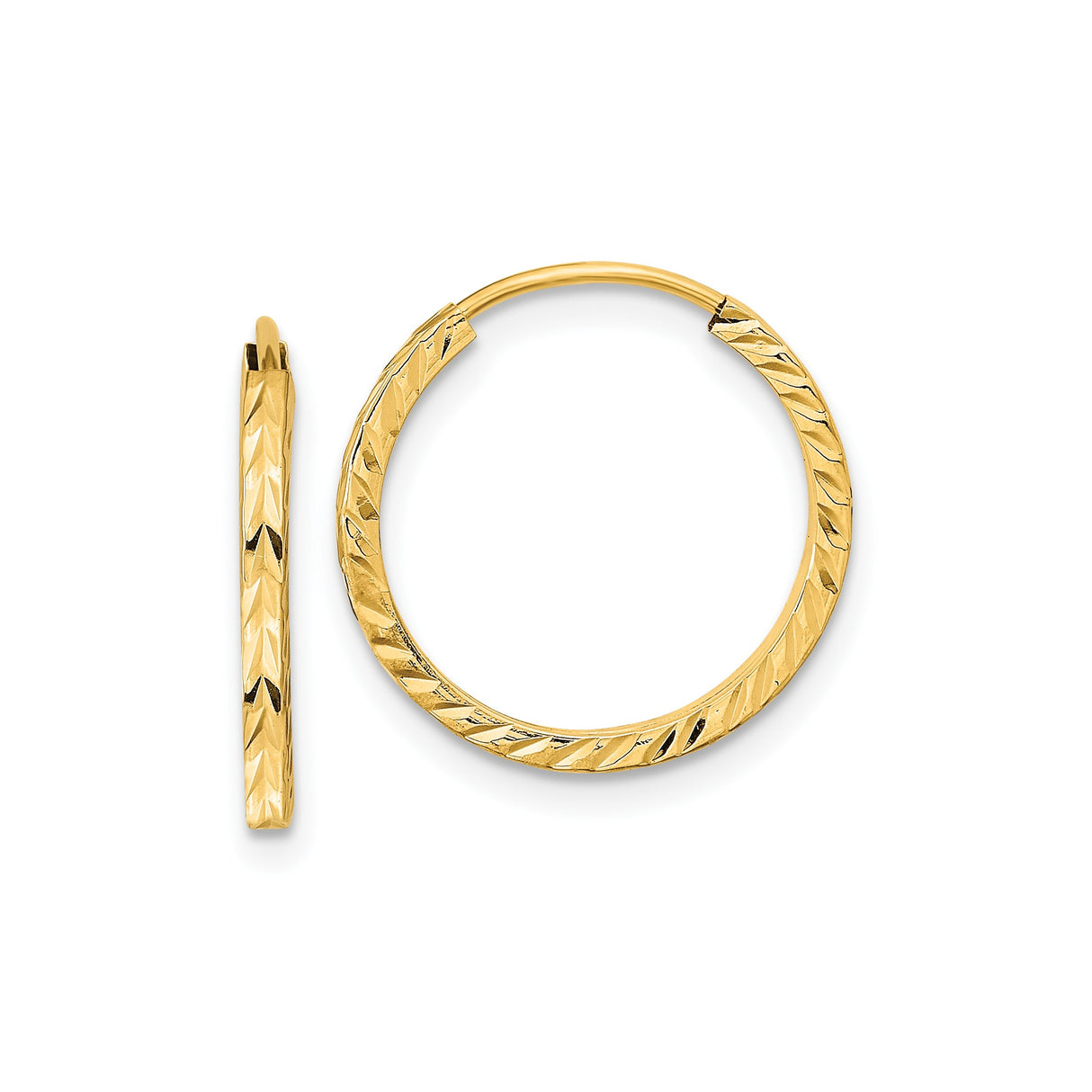 14k Yellow Gold Hoop Earrings, Classic Round Design with Polished Diamond Cut Texture
