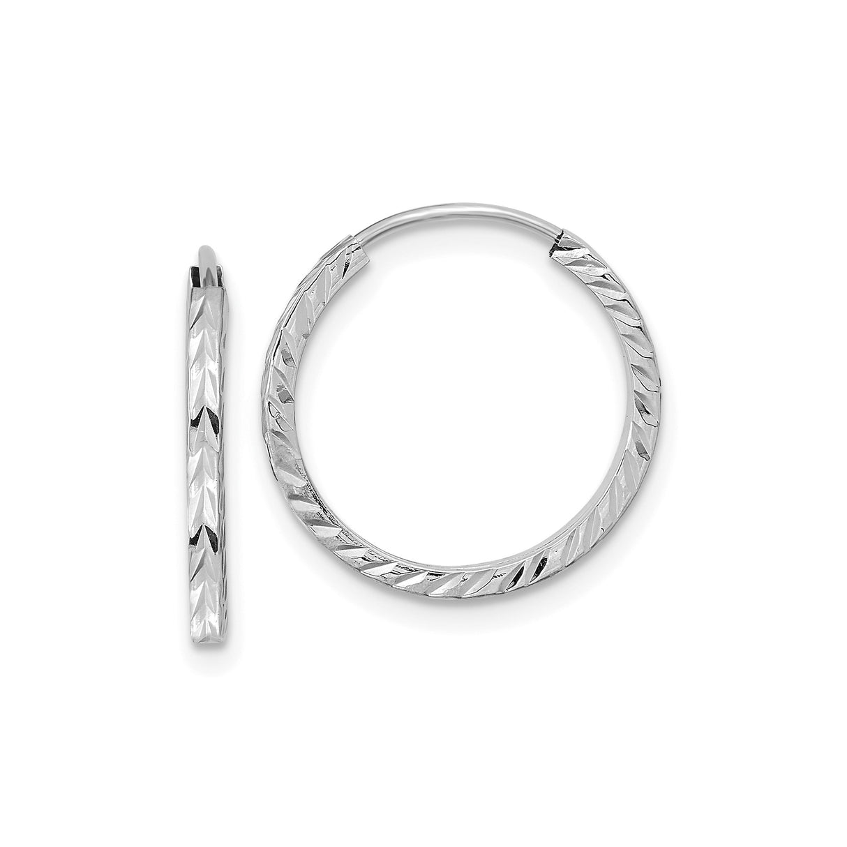 14k White Gold Hoop Earrings, Diamond Cut Textured Endless Hoops, Lightweight Round Design