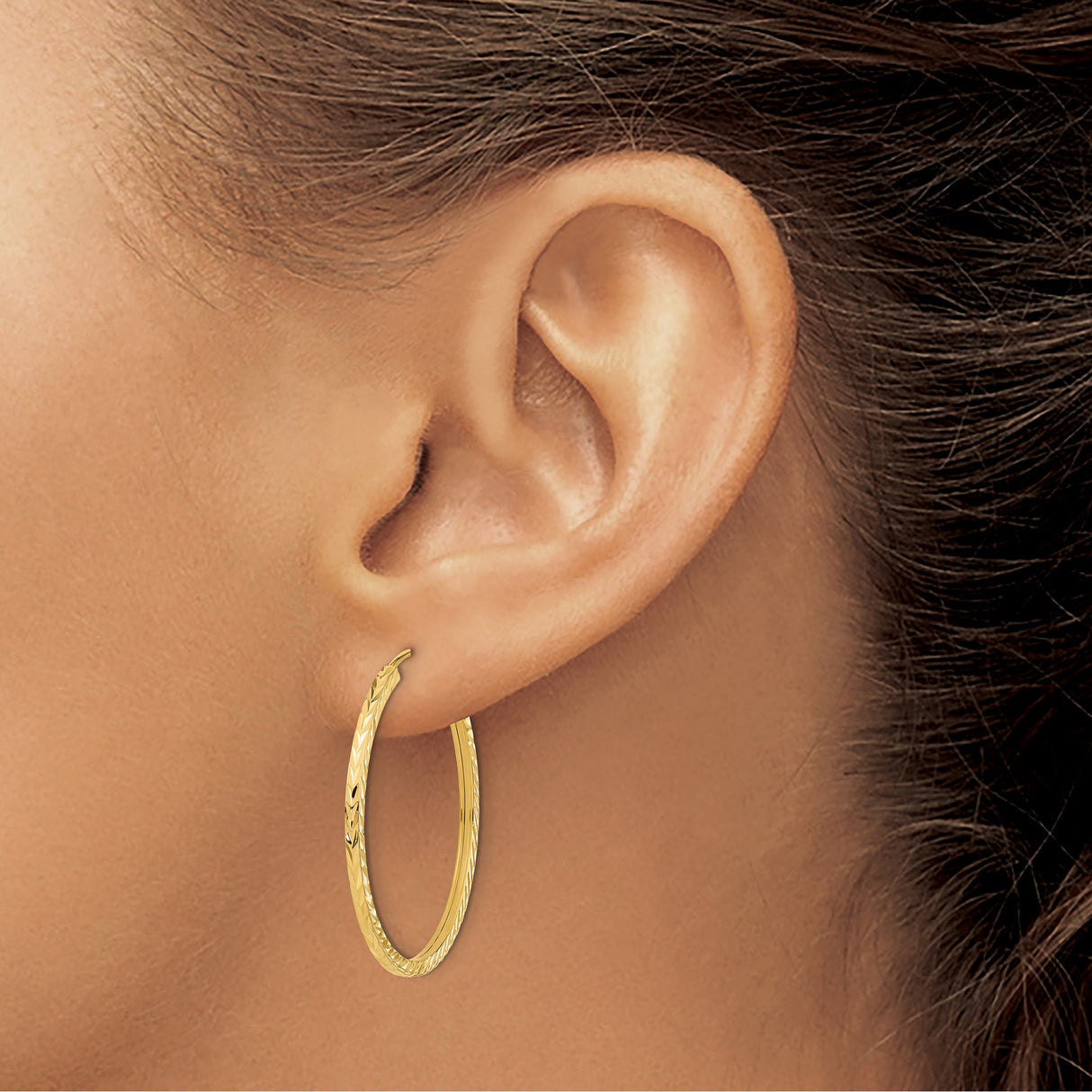 14k Yellow Gold Hoop Earrings, Diamond Cut Chevron Pattern, Lightweight Shine Finish