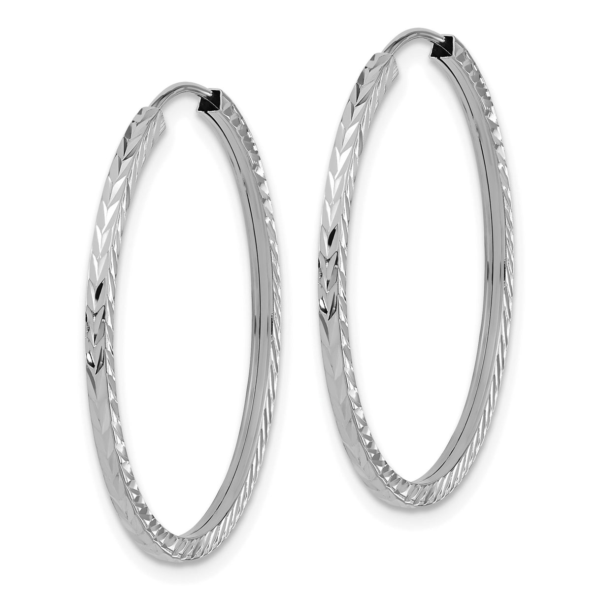 14k White Gold Hoop Earrings, Diamond Cut Textured Mirror Finish, Lightweight Endless Design