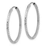 14k White Gold Hoop Earrings, Diamond Cut Textured Mirror Finish, Lightweight Endless Design