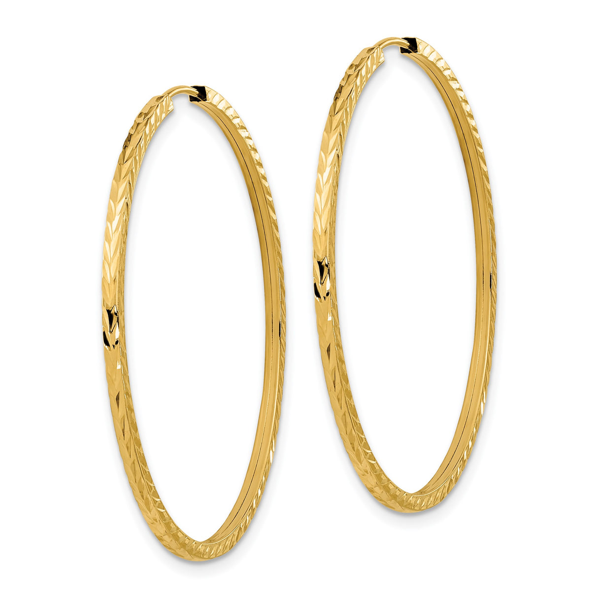 14k Yellow Gold Hoop Earrings, Textured Diamond Cut Design, Lightweight Endless Style for Women
