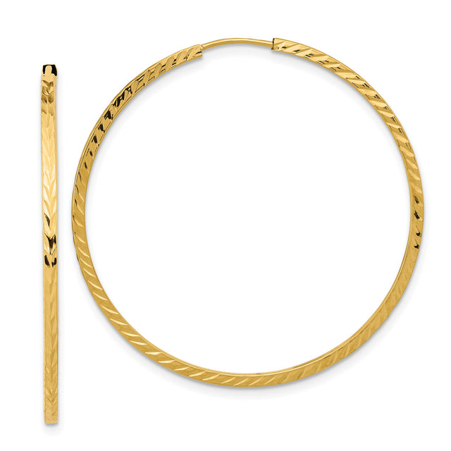 14k Yellow Gold Hoop Earrings, Textured Diamond Cut Design, Lightweight Endless Style for Women