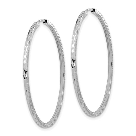 14k White Gold Hoop Earrings, Diamond Cut Endless Design, Lightweight Classic Textured Style